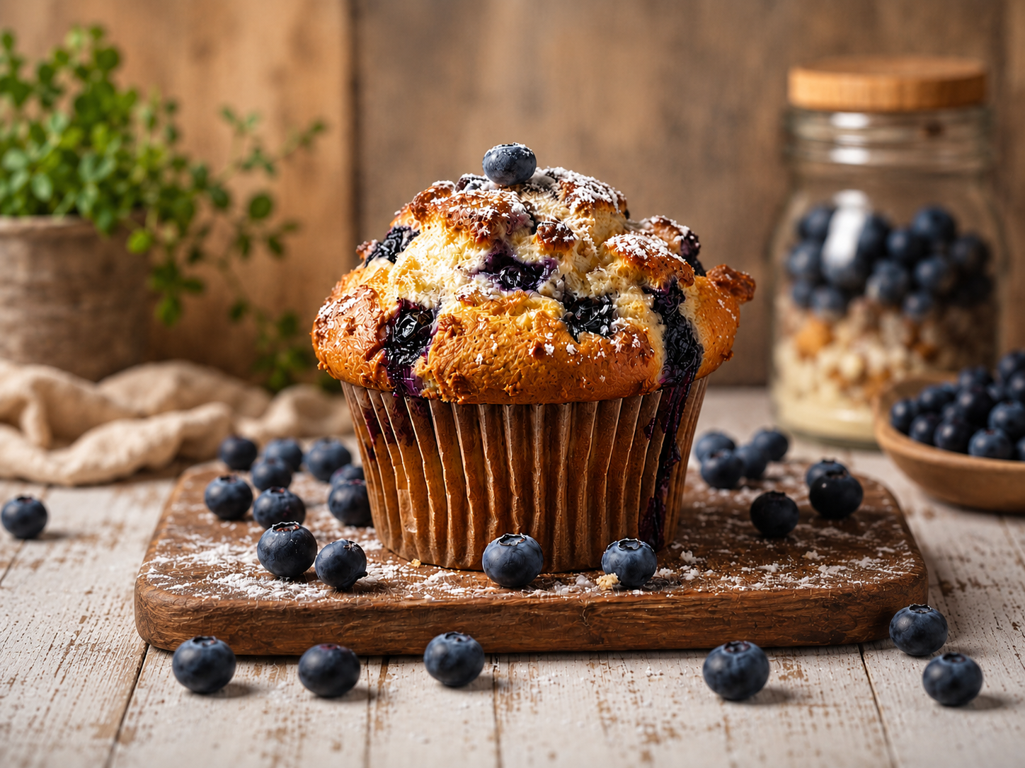 Old-fashioned buttermilk blueberry muffin recipe — tall bakery-style muffins with domed tops