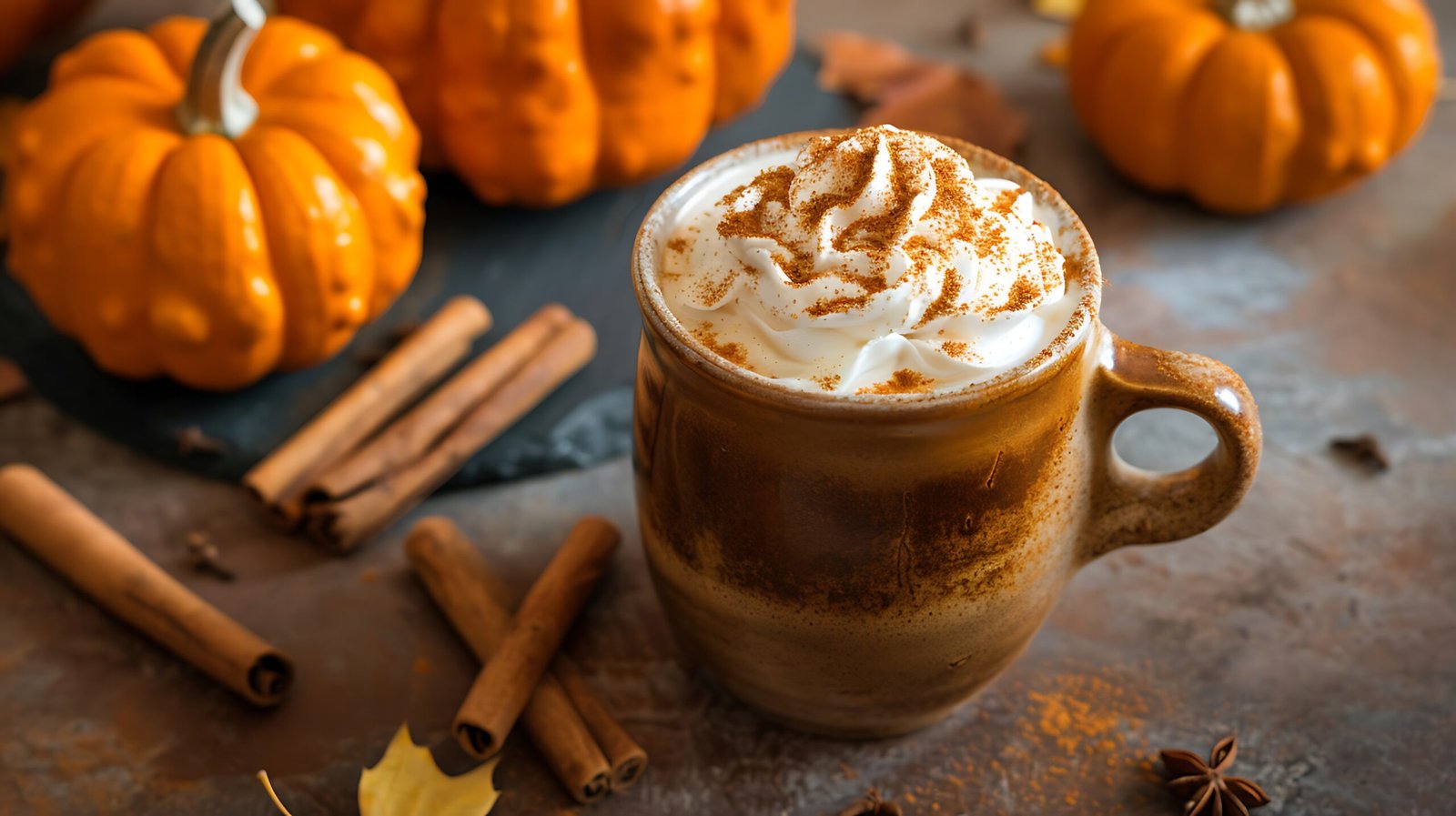 Ruby's deluxe pumpkin spice latte recipe — a latte topped with whipped cream and a dusting of cinnamon in a cozy coffee shop mug